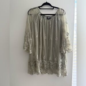 CalStyle Light Sage Green Crew Neckline Quarter Sleeve Lace Floral Dress Size XL